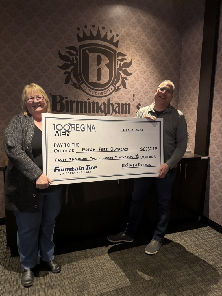 Cheque presentation to Breakfree Outreach - 100 Men Who Care Regina Mar 2025 (Saskatchewan Community Foundation)